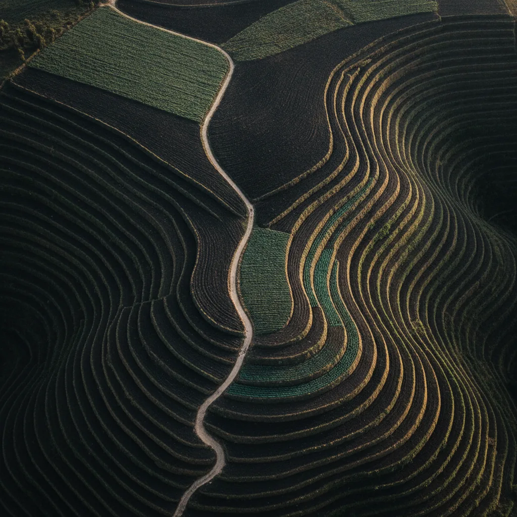 Terraced highland farmland from directly above at dawn: long curved bands of turned soil and planted rows stepping down a hillside, split by one narrow footpath.