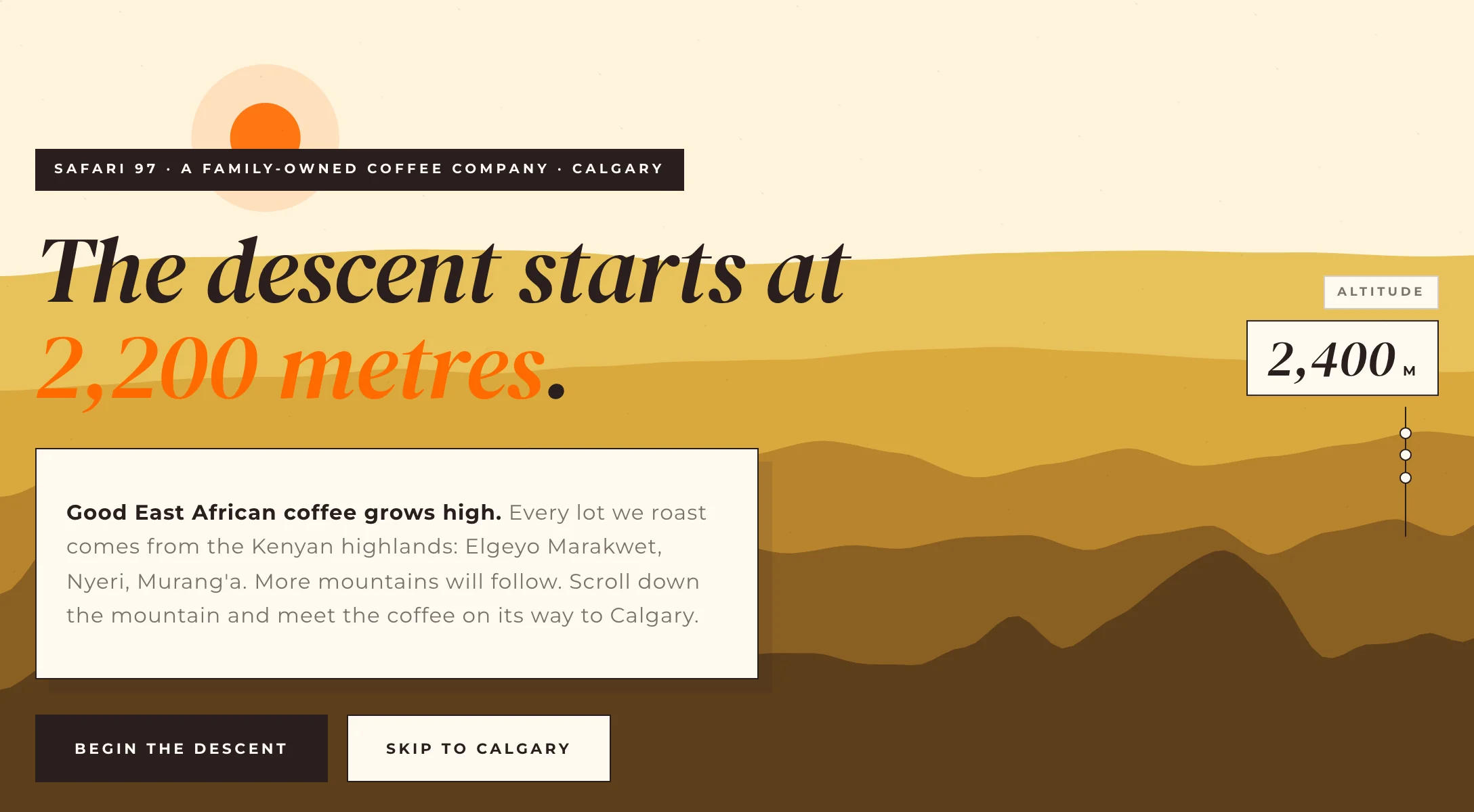 The Safari 97 home page: the headline The descent starts at 2,200 metres over layered illustrated hills, with an altitude gauge at the right edge.